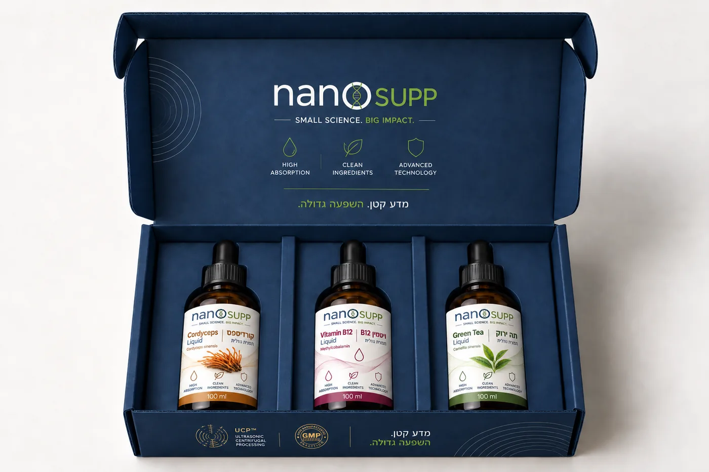מארז המנוי החודשי של NanoSupp — שלושה תוספים נוזליים בקופסת מתנה